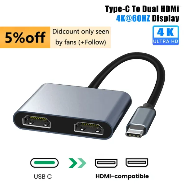 Puerto USB C Hub a HDMI Dual Splitter 4K 60HZ, estación de acoplamiento tipo expansión de pantalla para Macbook, portátil, teléfono móvil y PC