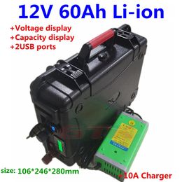 Draagbare 12V 60Ah 50Ah Lithium li-ion accu 12V met BMS voor trollingmotor Energieopslag RV back-up power + 10A Oplader