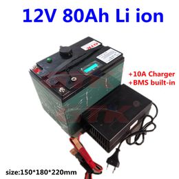 Portable 12 v 80ah Lithium ion batterie pack gtk rechargeable 12 v 80ah batterie pour onduleur golf chariot bateau Solaire + 10A Chargeur