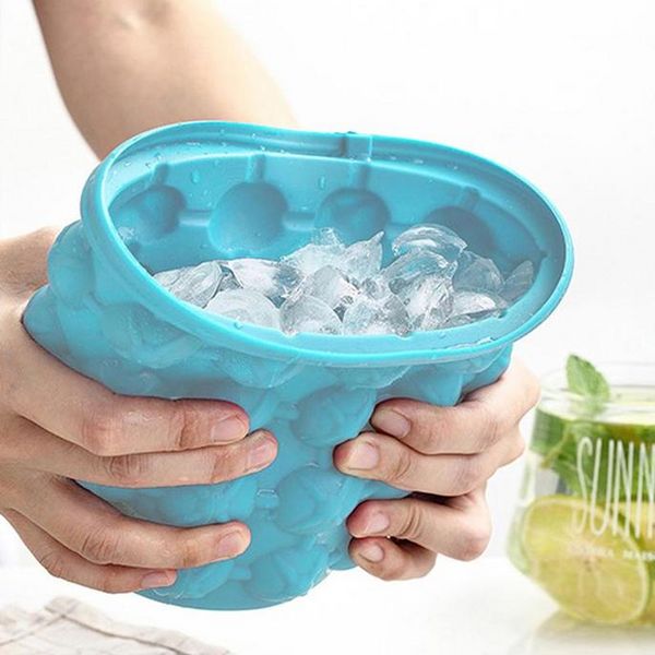 Portátil 2 en 1 Molde de cubitos de hielo de silicona grande Bandeja Cubo Enfriador de hielo de vino Gabinete de cerveza Cocina con tapas para bebidas de fiesta Bebidas de cóctel congeladas F0415