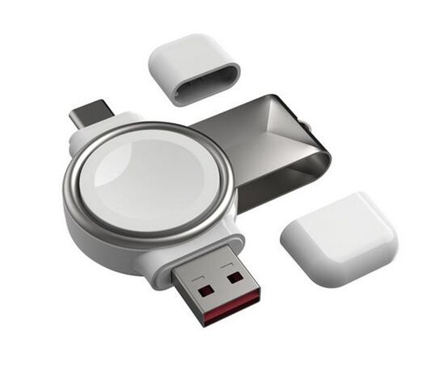 Cargador inalámbrico portátil 2 en 1 para iWatch Estación de acoplamiento de carga rápida magnética Tipo-C USB para Apple Watch Series 7 6 SE 5 4 3 2 en caja minorista