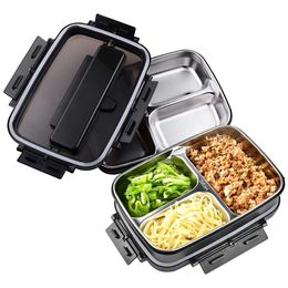 Draagbare 304 roestvrij staal Bento Box met 3 compartimenten Lunch Lekvrije Magnetron Verwarming Voedsel Container Servies Volwassenen 211104