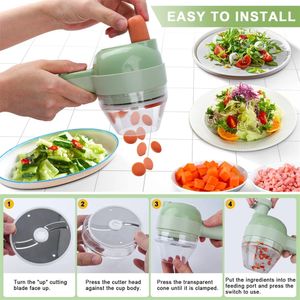 Draagbaar 4 in 1 handheld elektrische groenteglicier USB oplaadbare keukenmachine knoflook chili uien celery gembervleeshekper 240415