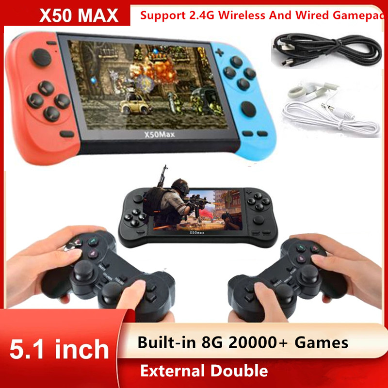 Portable 5.1 Inch Screen X50 Max Retro Video Game Console Built-in 8G 20000+ Handheld Classic Games Duuble Joystick 10 Emulators Video Arcade Games Player HD TV Output