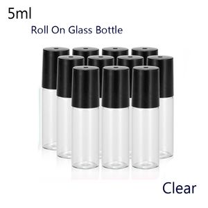 Portátil 50 unids/lote 5 ml (1/6 oz) MINI ROLL ON botella fragancia BOTELLAS DE VIDRIO DE PERFUME ACEITE ESENCIAL Bola de rodillo de metal de acero (transparente)