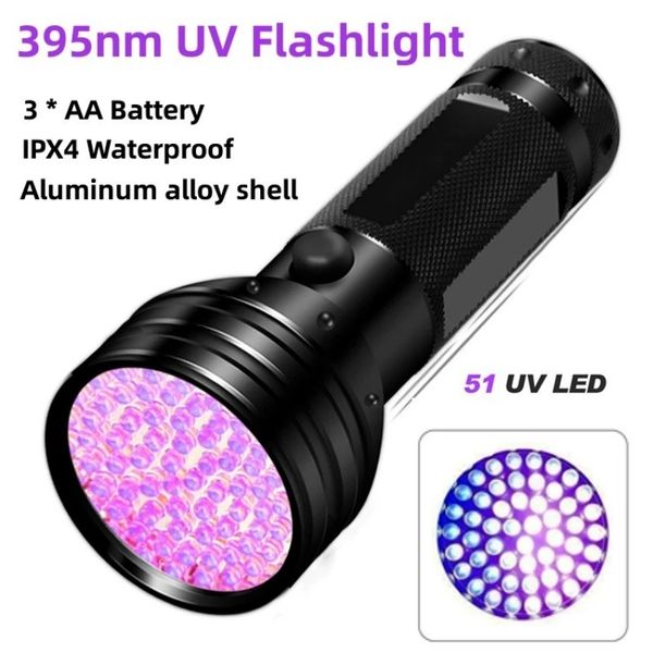 Portátil 51LED 395nm UV Linterna Lámpara ultravioleta Antorcha Luz negra Gato Perro Manchas Detector de alimentos mohosos Linterna de luz púrpura