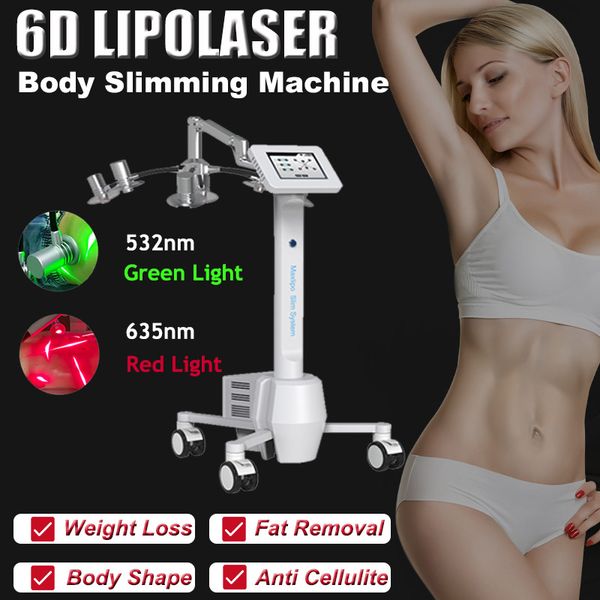 Máquina portátil para adelgazar Lipo con láser 6D Pérdida de peso Reducción de grasa Anti celulitis 532nm 635nm Luz láser verde roja Pantalla táctil de 8 pulgadas Equipo de belleza Salón Uso doméstico