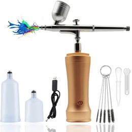 Draagbare airbrush-set: USB oplaadbaar airbrush-pistool voor make-up, tatoeages, nail art, taartversiering meer - goudkleurig