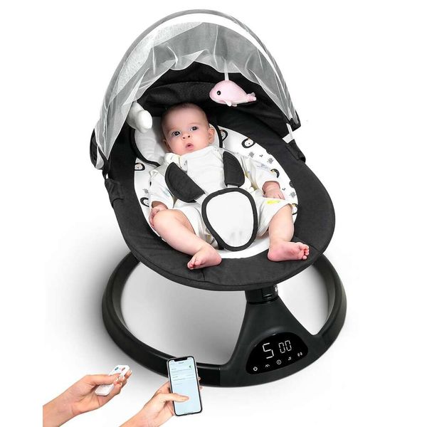 Swing portable pour bébé avec haut-parleur Bluetooth, fonction de synchronisation, 5 vitesses de swing, lecteur de musique à écran tactile et 10 berceuses - parfait pour les nourrissons aux tout-petits