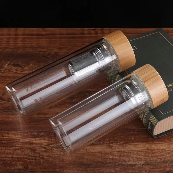 Couvercle en bambou Portable tasses à eau verre à Double paroi gobelet à thé passoire infuseur panier verre bouteilles d'eau transparentes