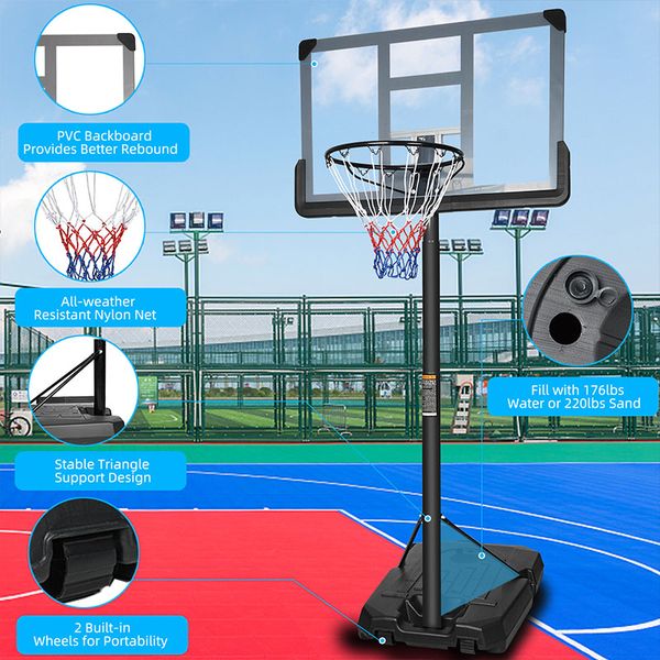 Sistema de tablero trasero de aro de baloncesto portátil, altura ajustable de 6,6 pies a 10 pies con tablero trasero de 44 pulgadas y ruedas para adultos y adolescentes