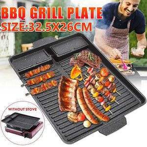 Draagbare BBQ-grillpan Non-stick houtskoolgrillplaat voor butaangasfornuis Picknick Rechthoek Koreaanse BBQ-lade Outdoor kookgerei 240116