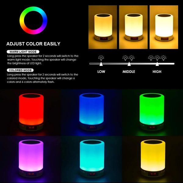 Lámpara de noche portátil Mesa Luz nocturna Altavoz Bluetooth Música Tarjeta TF Radio FM Despertador Luz digital LED Multicolor Luz de altavoz exterior Regalos de cumpleaños