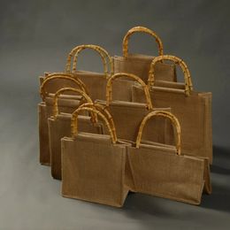 Draagbare Jute Jute Boodschappentas Handtas Bamboe Lus Handvatten Herbruikbare Tote Boodschappentassen voor Vrouwen Meisjes 240110