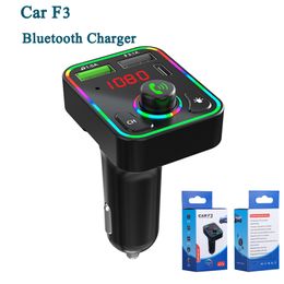 Cargador de coche portátil F3 Dual USB Carga rápida Puertos PD Tipo C Transmisor FM Manos libres Receptor de audio Luces de ambiente coloridas Reproductor de MP3 automático