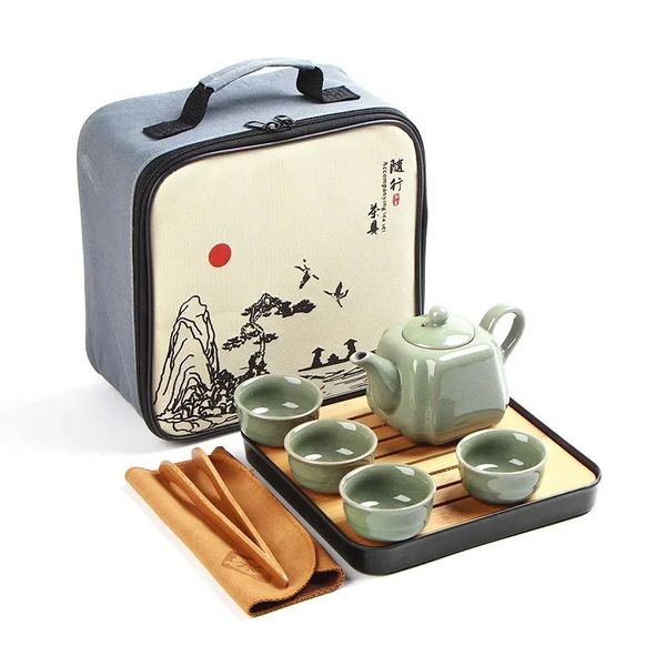 Juego de té de cerámica portátil con bolso Tapot Travel Viaje Gaiwán Cazas de té de ceremonia Kung Fu China Teaset 240428