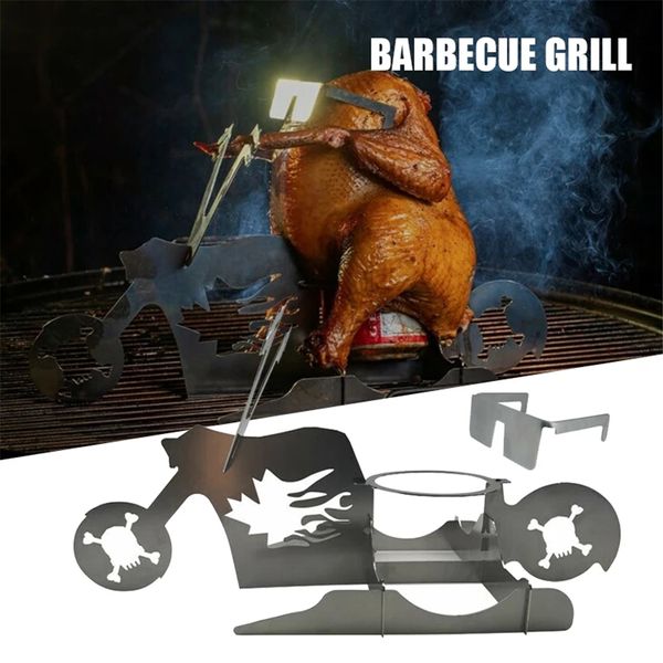 Soporte portátil para pollo, cerveza, motocicleta americana, barbacoa, estante de acero inoxidable con gafas, uso interior y exterior, Accesorios para acampar