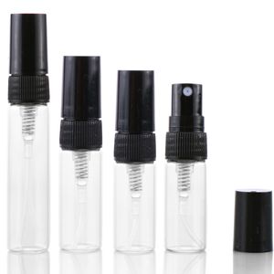 Leere Glasflasche, Parfümspray, klar, 2,5 ml, 3 ml, 5 ml, schwarze Kunststoffabdeckung, Presszerstäuber, tragbar, nachfüllbar, kleine Probenfläschchen