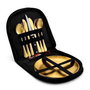 Juego de cubiertos portátiles para Picnic, juego de utensilios de Camping familiar de acero inoxidable con estuche de viaje, tenedor, cuchara, cuchillo, juegos de platos