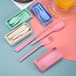 Draagbare bestek Set met Case Wheat Straiet Eco -vriendelijke eetstokjes lepel vork sets voor camping picknick