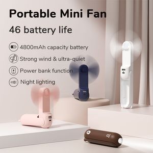 Ventilador portátil Mini ventilador de mano USB 4800mAh Recarga de mano Pequeño ventilador de bolsillo con función de linterna de banco de energía