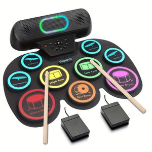Ensemble de batterie électronique pliable portable – Chargement USB, coussin de batterie en silicone, instrument de percussion électrique numérique pour adultes débutants