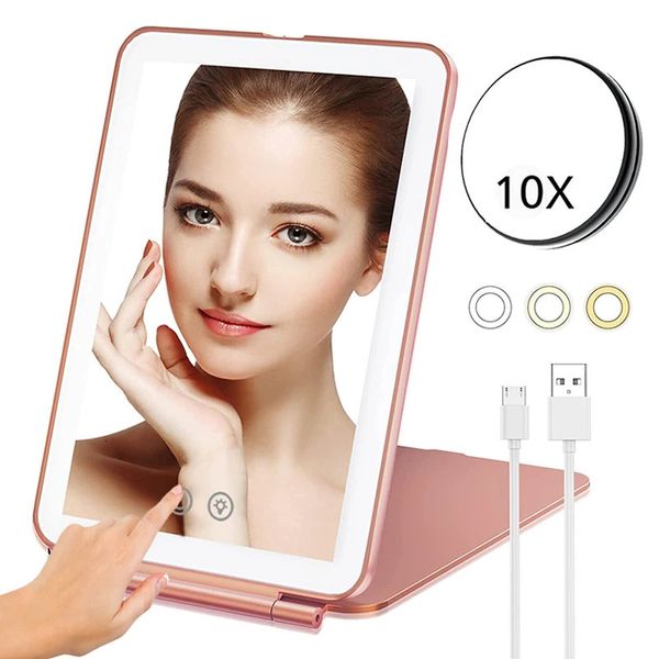 Miroir de maquillage de voyage pliable portable avec LED Light Infinity Bedroom Tocador Vanity Mirrors Mignon Make Up Tools Accessoires 240418