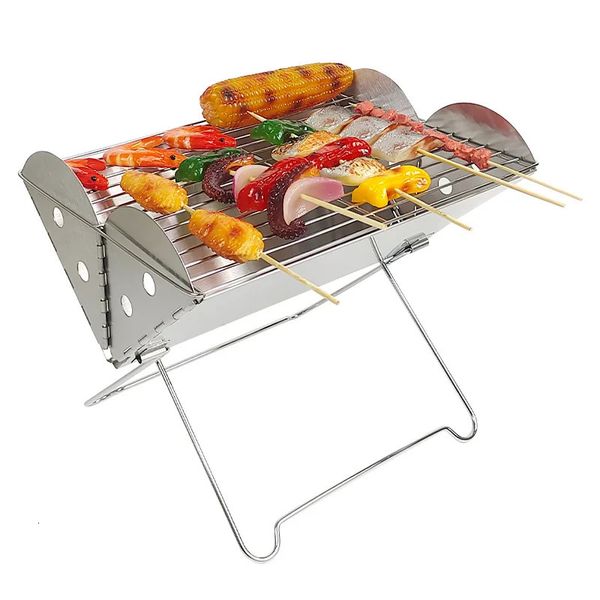 Barbecue pliant portatif multifonction Camping Barbecue gril poêle support Net poêle à bois de chauffage en acier inoxydable BBQ Grill charbon de bois 240116