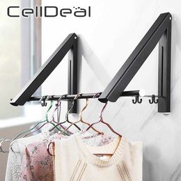 Draagbare opvouwbare kleding Hanger El Wand-gemonteerde badkamer Droogrek Huishoudelijke intrekbare onzichtbare kleding Rail Drying Rack 210702