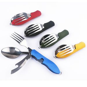 Draagbare vouwbare bestek Keychain Multifunctionele Outdoor Vouwmessen Lepel Vork Draaggerei Camping Tools