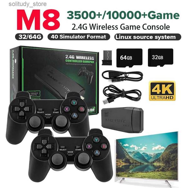 Jugadores de juegos portátiles 1-2 Set M8 Consola de videojuegos 2.4G Controlador inalámbrico doble Game Stick 4K 10000+Juegos 64 32GB Juegos retro para TV 3D Rocker Q240326