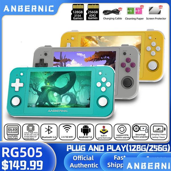 Jugadores de juegos portátiles Anbernic Rg505 Consola portátil Sistema Android 12 Unisoc Tiger T618 4.95 pulgadas Oled con Hall Joyctick Ota Upda Dhcmx