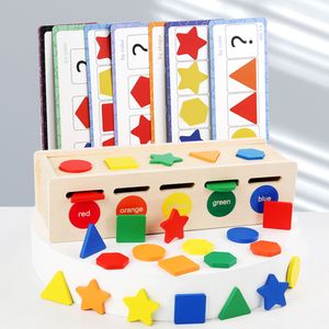 Juguetes sensoriales de geometría portátil con caja de tarjeta, juego a juego de cuatro colores, juguetes de clasificación de forma de madera segura, almacenamiento fácil para niños