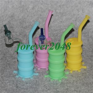 Portable lueur dans le narguilé sombre Bong Silicone Barrel Rigs Fumer Concentré D'huile Pipe avec tout le double tube clair quartz clou banger bouchon de carpe en verre coloré