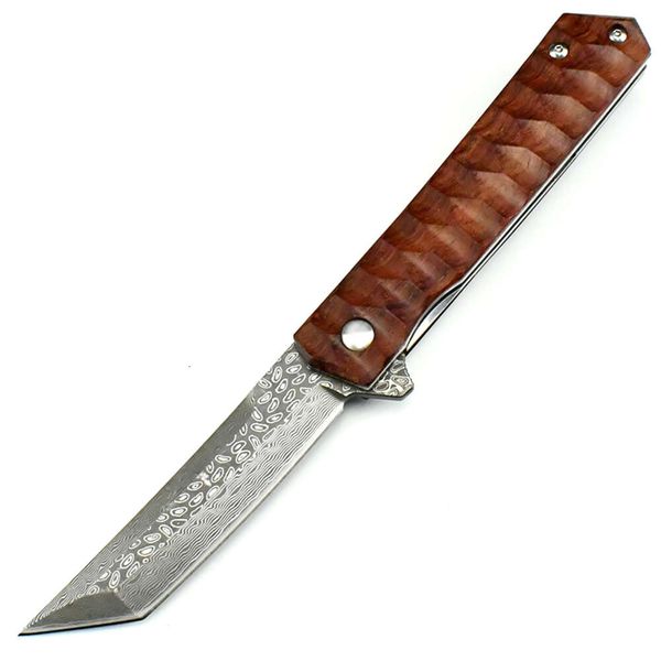 Randonnée portable voyage couteau pliable couteau fait à la main damas poche couteau en bois manche en bois pointu outil de coupe Damas acier en gros
