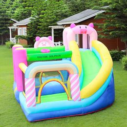 Draagbaar opblaasbaar kasteel voor reis en opslag voor kinderfeesten achtertuin entertainment uitsmijter glaasje combo spring jumper bounce huis leuk speelgoed roze piggy thema