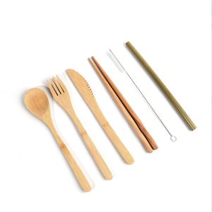 Draagbare Mes Picknick Natuurlijke Herbruikbare Stro Lepel Vork Chopstick Keuken Gebruiksvoorwerp Bamboe Bestek Groothandel