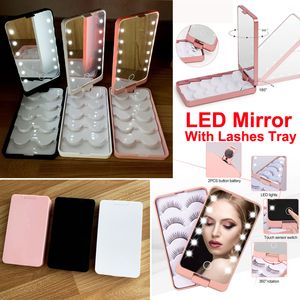 Draagbare Dame LED Licht Make-upspiegel met Valse Wimpers Lade Opbergdoos Vouwen Touchscreen Mirrors 5 Pairs Washes Case Organizer 12 LED's Reizen Make-up Gereedschap