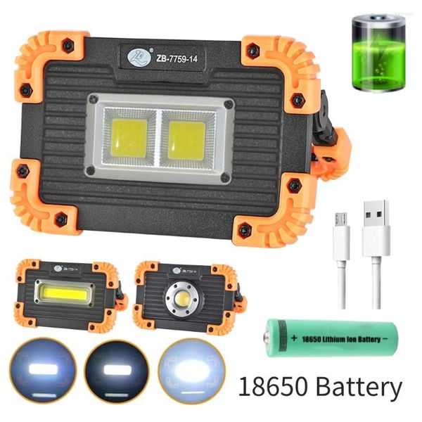 Linternas portátiles Lámpara de batería COB Camping con 18650 Plástico USB Carga Luz exterior regulable