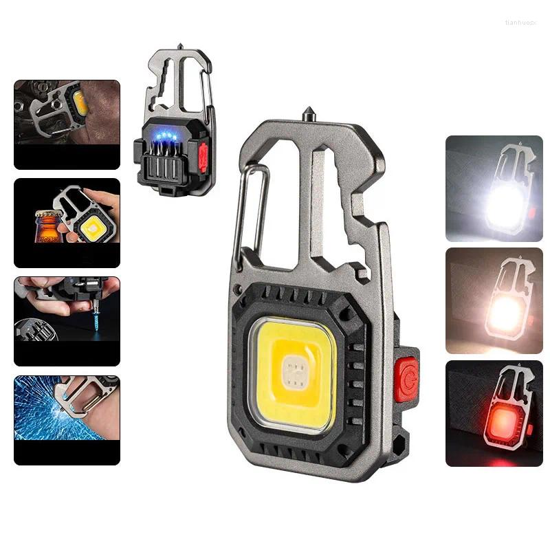 Portable Lanterns Keychain Mini LED Work Lights Outdoor Camping COB Lamp With Wrench Emergency Broken Window Bottle Open Light