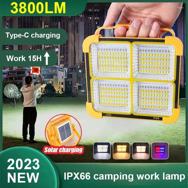 Linternas portátiles Super brillante Reflector LED Lámpara de carga USB Luz de inundación solar al aire libre IPX66 Camping Trabajo Noche Feria Reflector