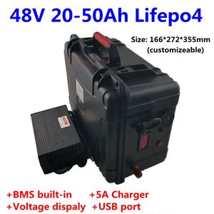 Batterie au lithium Portable Lifepo4 48V 20Ah 25Ah 30Ah 40Ah 50Ah BMS intégrée pour ebike scooter moto énergie solaire + chargeur 5A