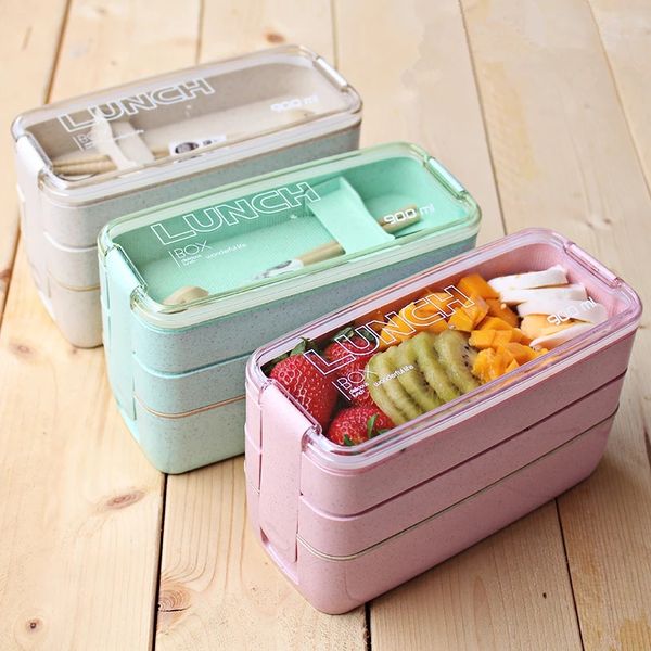 Boîte à déjeuner Portable 3 grilles paille de blé Bento couvercle Transparent récipient alimentaire travail voyage étudiant inventaire vente en gros