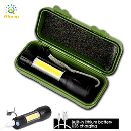 Draagbare Mini LED Zaklamp Torch Lamp 350LM ingebouwde batterij Xpe COB Super Heldere Q5 Torches Licht Zoom Focus Camping Lights