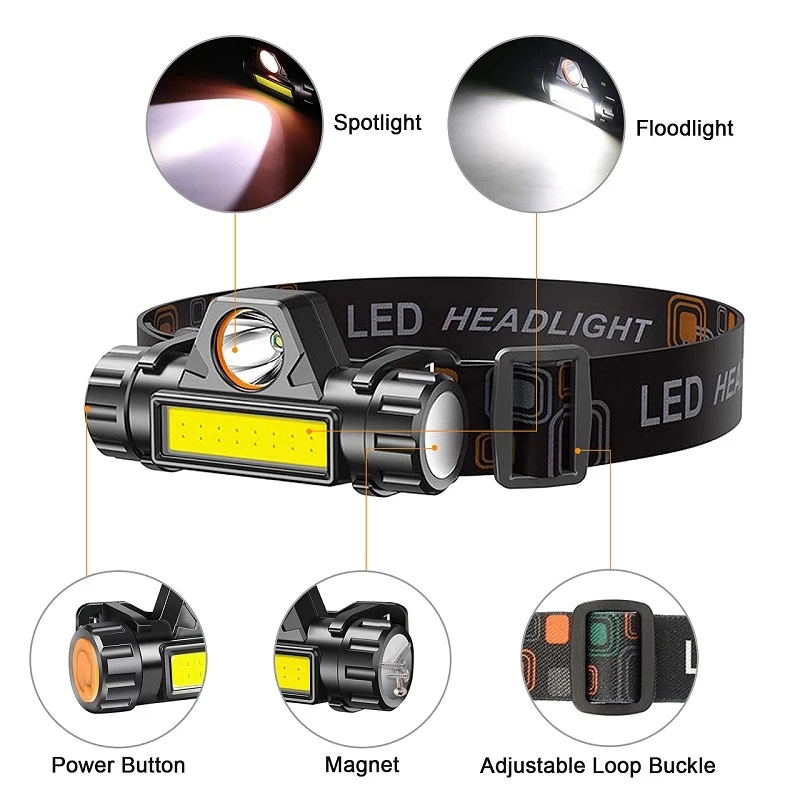 Tragbares Mini-LED-Scheinwerfer XPE+COB LED-Scheinwerfer Scheinwerferschicht Lampe Taschenlampe Taschenlampe Lanterna Kopflicht eingebaute Batterie zum Camping
