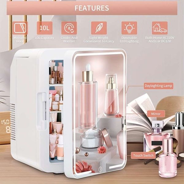 Mini réfrigérateur portable avec miroir de lumière LED - Capacité de 10L, soins de la peau idéaux, maquillage, cosmétiques, parfait pour la maison, le bureau, le dortoir et l'utilisation de voitures