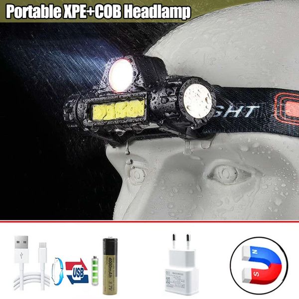 Portable Mini XPE Cob LED Phare USB Rechargeable Randonnée Vélo Phare Source Lumineuse Pêche Éclairage Extérieur Flashligts 240301