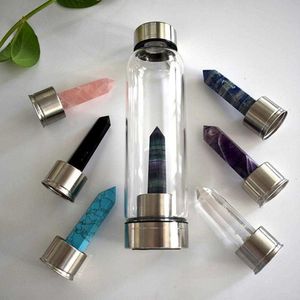 Portable Natural Crystal Point Healing Obelisk Wand Cuarzo Crystal Water Bottle Tools Home Decor Drop 210610