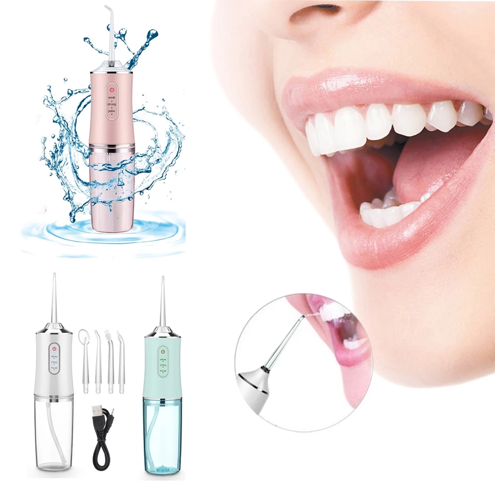 ポータブルオーラル灌漑用歯科用水フロッシャーIPX7 USB充電式4ジェットチップ220ml 3モードウォーターズジェットフロス歯の洗浄器