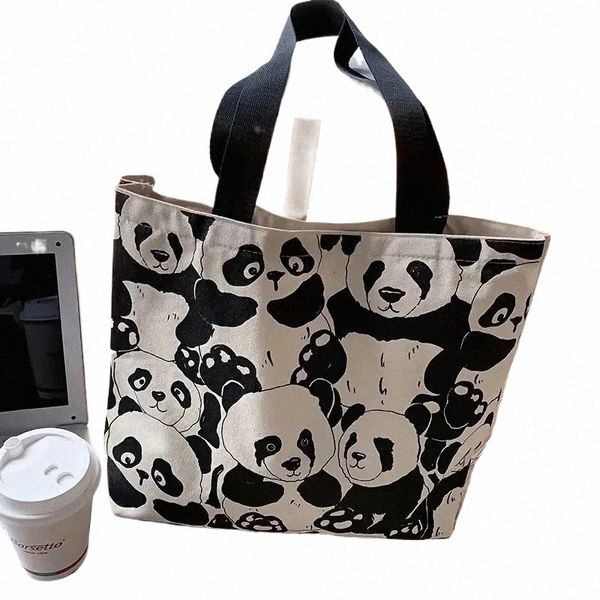 Sac fourre-tout en toile à motif Panda portable avec sac à bandoulière élégant de grande capacité pour le magasin et les courses quotidiennes U9QS #